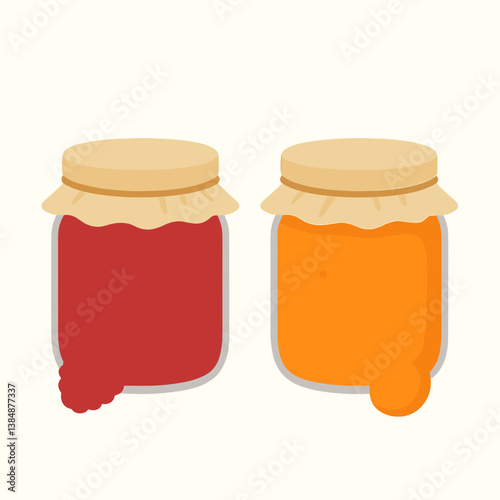 Two jars of fruit jam in bright colors on a light background  