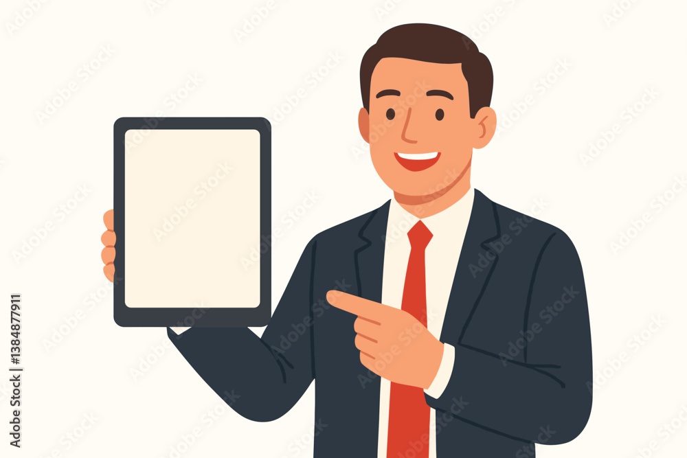 Professional man pointing at a blank tablet screen in office attire Professional man pointing at a blank tablet screen in office attire
