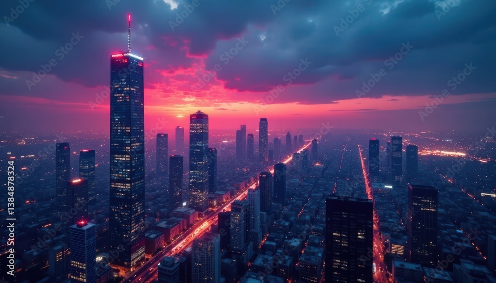 Fototapeta premium Distressed cityscape at dusk with skyscrapers and neon lights, night sky, neon lights