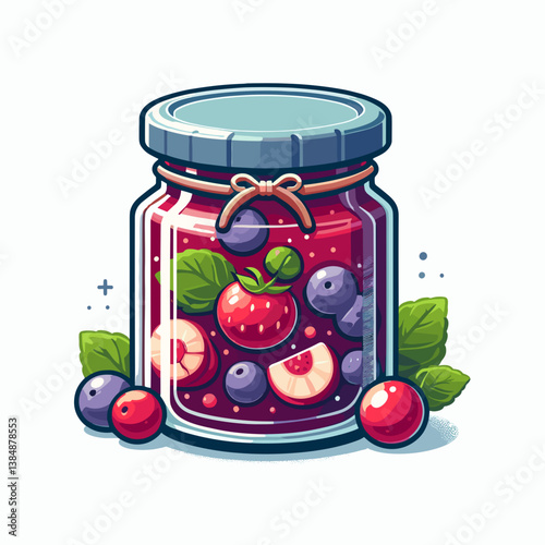 Jar of colorful fruit jam with berries and mint leaves  