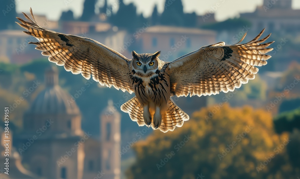 Fototapeta premium Majestic owl in flight over ancient cityscape with historical architecture