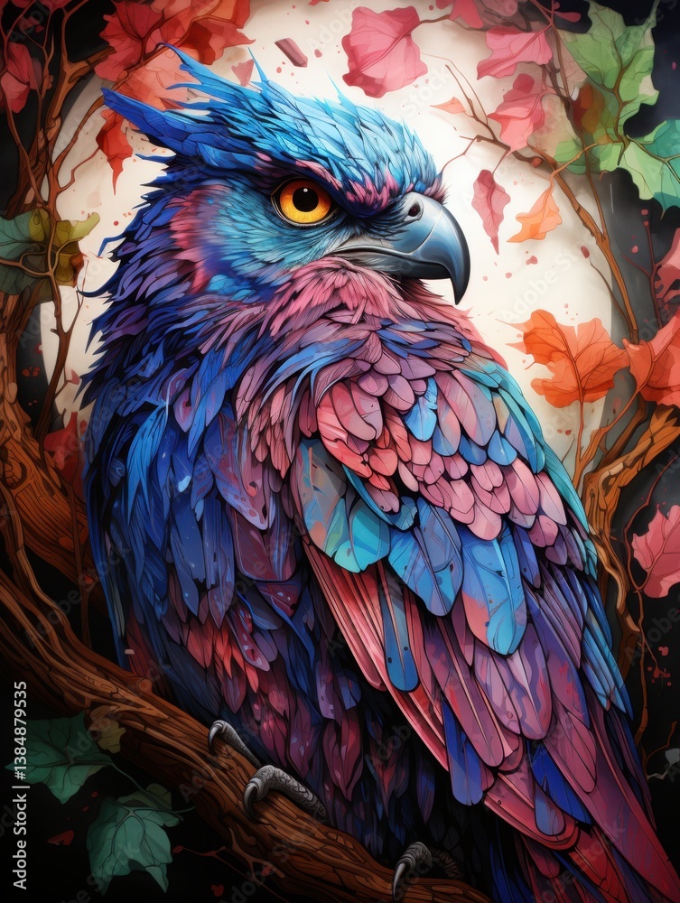 Obraz premium A colorful artistic owl perched on a tree branch with leaves in the background illustration style