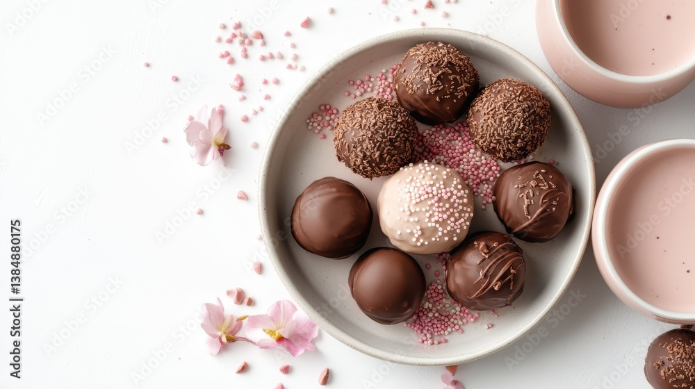 An elegant display of chocolate and cream truffles, beautifully arranged to showcase the delightful textures and colors that make each piece irresistibly tempting. An elegant display of chocolate and cream truffles, beautifully arranged to showcase the delightful textures and colors that make each piece irresistibly tempting.