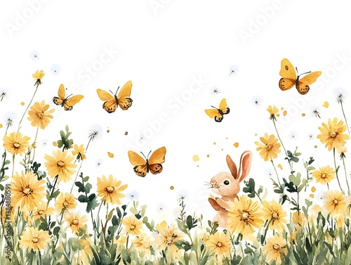 Adorable watercolor painting of a cute bunny rabbit sitting amidst vibrant yellow daisies and flutte orange butterflies in a whical sp meadow scene perfect for
