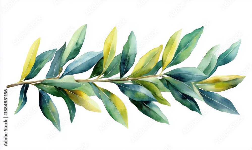 Obraz premium Watercolor illustration of olive branch with green and yellow leaves