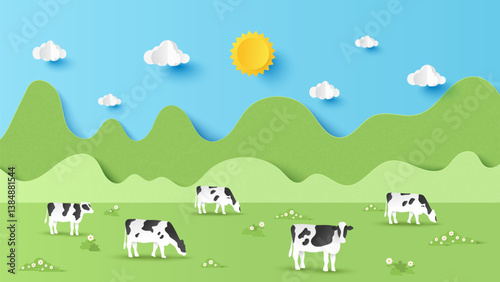 Vector illustration of farm landscape with cows and mountain on a sunny day. Paper cut and craft style illustration