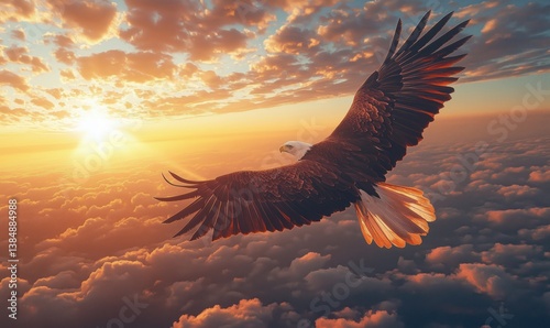 Majestic eagle soaring through colorful sunset clouds with vibrant sky