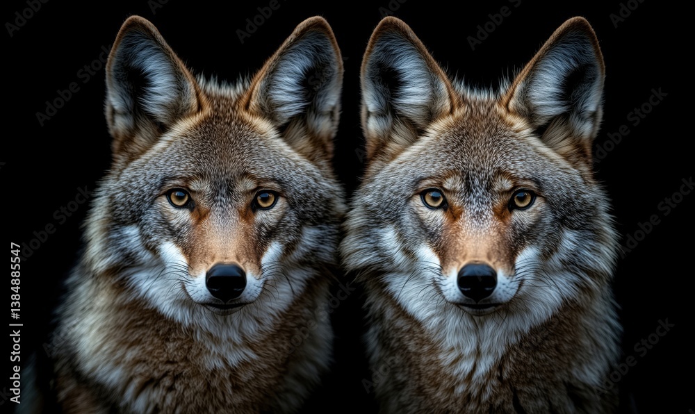 Fototapeta premium Two majestic coyotes with striking features against dark background