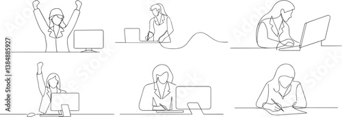continues line one line art labor day female women office worker vector illustration collection