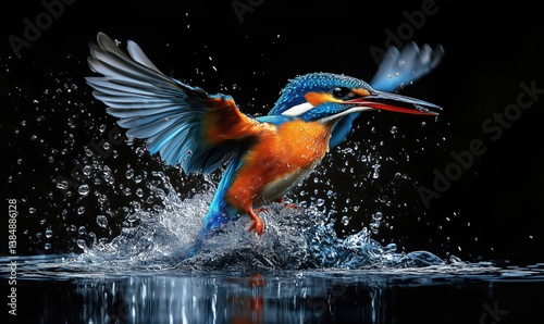 Vibrant kingfisher bird splashing water while hunting in dark background