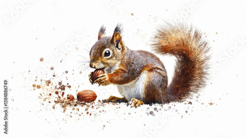 cute squirrel holding nut, surrounded by scattered nuts and soft, artistic background. This charming scene captures playful nature of wildlife
