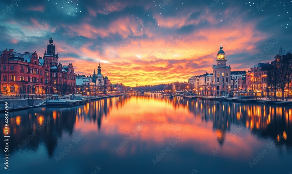 Obraz premium stunning sunset over city river with reflections and illuminated buildings