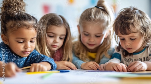 Diverse group of preschool children drawing together in kindergarten