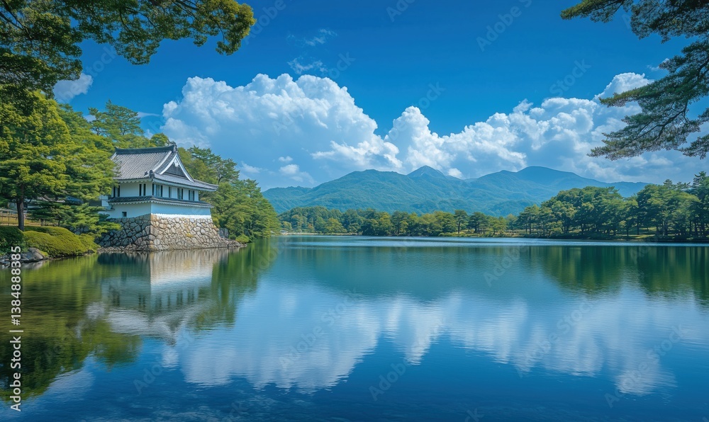 Fototapeta premium Serene Japanese Castle Reflected in Tranquil Lake Surrounded by Lush Mountains