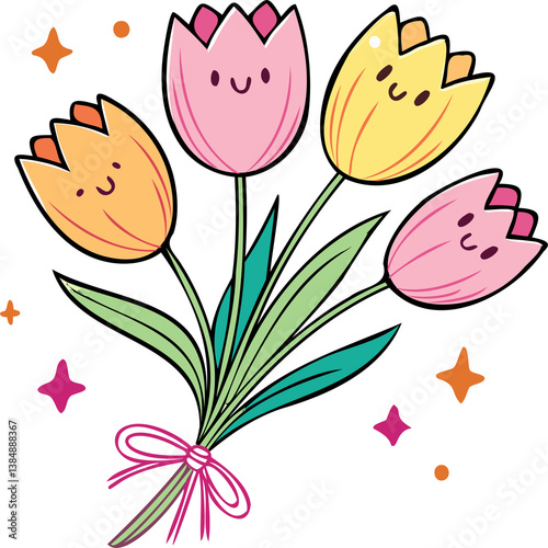 Watercolor-style hand drawn by brush and oil painted. Kawaii tulip bouquet celebrating Mother's Day, isolated on white background