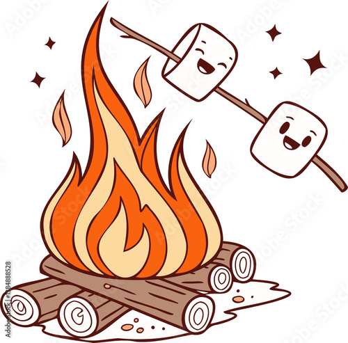 Watercolor-style hand drawn by brush and oil painted. bonfire smiling marshmallows Beltane, isolated, white background
