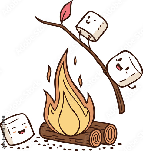 bonfire with smiling marshmallows for Beltane, isolated on white background