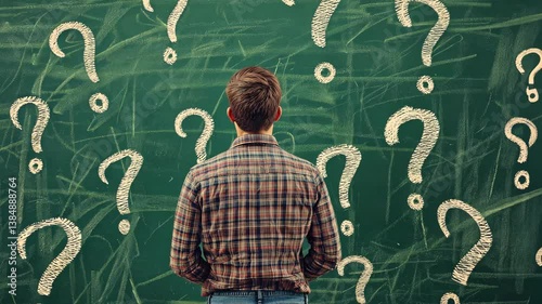 A person stands in front of a chalkboard filled with question marks, contemplating the challenges of learning and inquiry