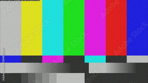 classic color bar background with grainy noise and vintage static, evoking a retro broadcast test screen aesthetic