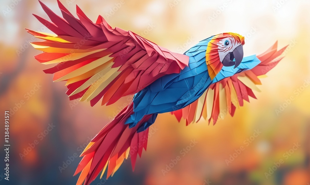 Obraz premium Colorful paper parrot in flight showcasing intricate origami design and vibrant hues