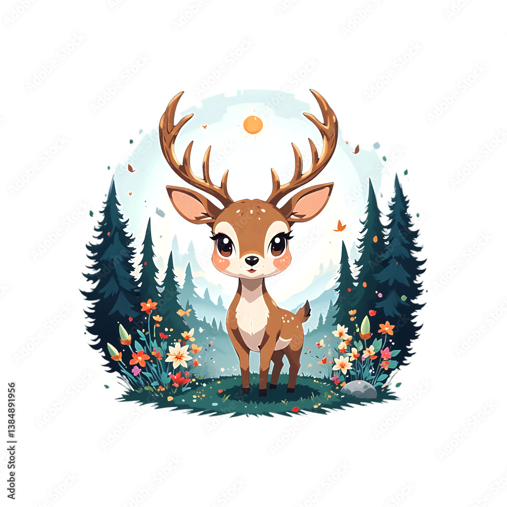 Fototapeta premium Cute cartoon deer in a forest scene