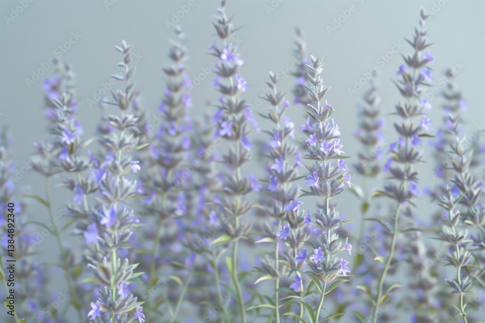 Obraz premium Lavender flowers blooming in a serene garden setting during a quiet afternoon in springtime