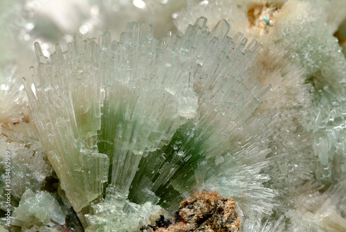 Mineral Aragonite, Green fine radiating crystals. Guihzing, China