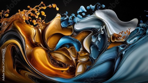 Abstract fluid art featuring swirling colors of orange, blue, and silver, creating an energetic and dynamic visual effect.