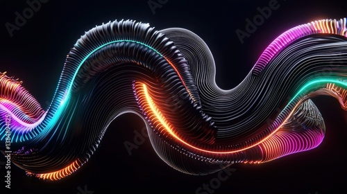 A vibrant, flowing design with colorful light trails in a dark background, creating a sense of movement and energy.