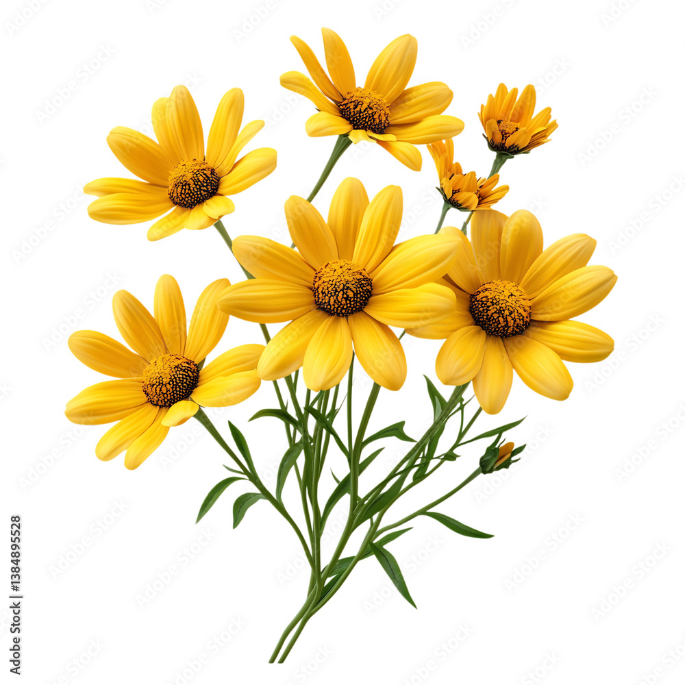 A 3D Vibrant Daisy Plant with Multiple Bright Yellow Flowers Isolated on Transparent Background