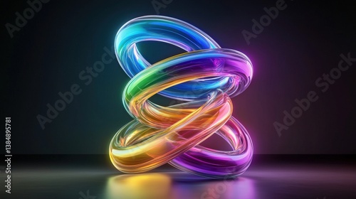 A vibrant, swirling sculpture of intertwined rings in a spectrum of colors, set against a dark background, creating a modern, dynamic visual effect.