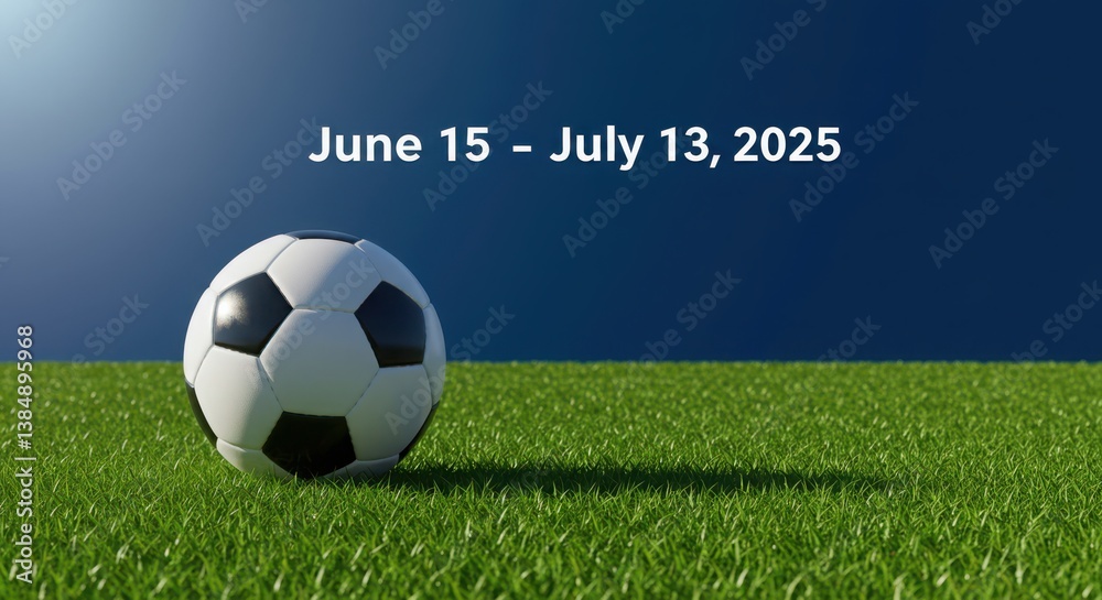 Obraz premium Soccer ball on grass field with event dates June 15 - July 13, 2025 