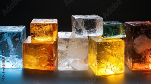 Colorful ice cubes illuminated from below, showcasing various hues and textures, create an artistic, vibrant display against a dark background.