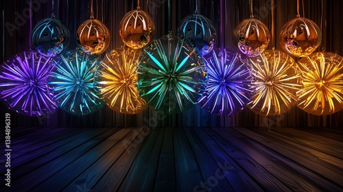 Colorful decorative ornaments hang against a dark wooden background, reflecting vibrant light in shades of blue, green, purple, and gold.