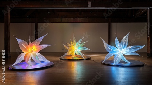 Three illuminated, flower-like sculptures in a dimly lit gallery, showcasing vibrant colors and intricate designs.