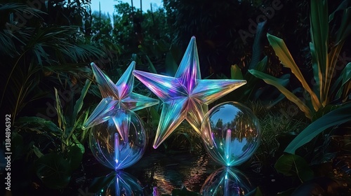 Two colorful, reflective star decorations are placed among lush greenery, creating a vibrant, enchanting atmosphere in a garden setting.
