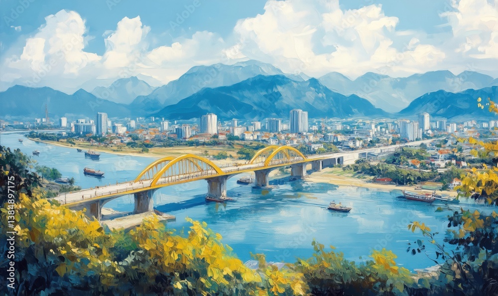 Fototapeta premium Scenic view of yellow bridge over river with mountains and city skyline in background