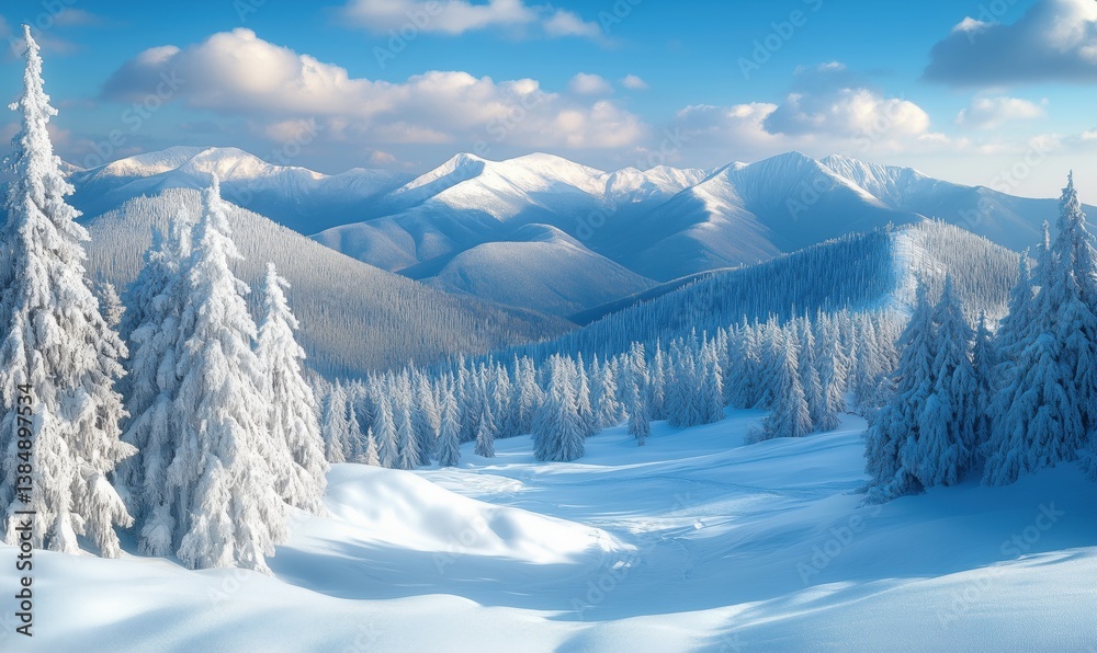Obraz premium Stunning winter landscape with snow-covered mountains and frosted trees