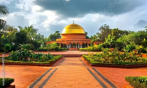 Auroville Matrimandir golden dome surrounded by lush gardens
