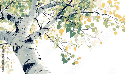 illustrations of various trees, leaves, grasses, and botanical elements on white background.