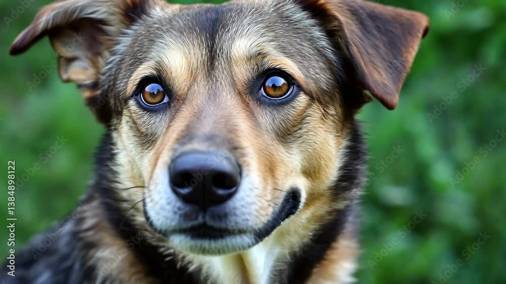 A dog attentively looks at the camera surrounded by greenery on a bright sunny day A dog attentively looks at the camera surrounded by greenery on a bright sunny day
