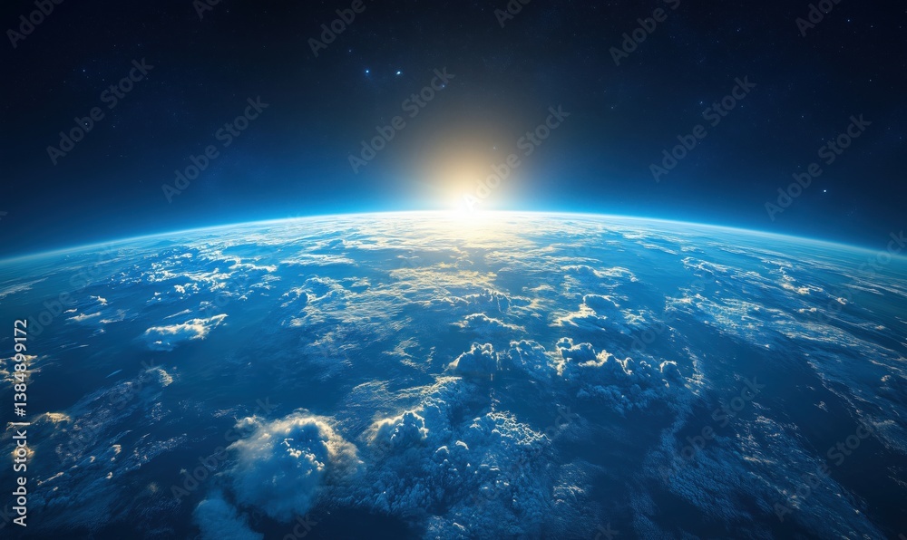 Fototapeta premium Stunning view of Earth from space at sunrise with clouds and atmosphere