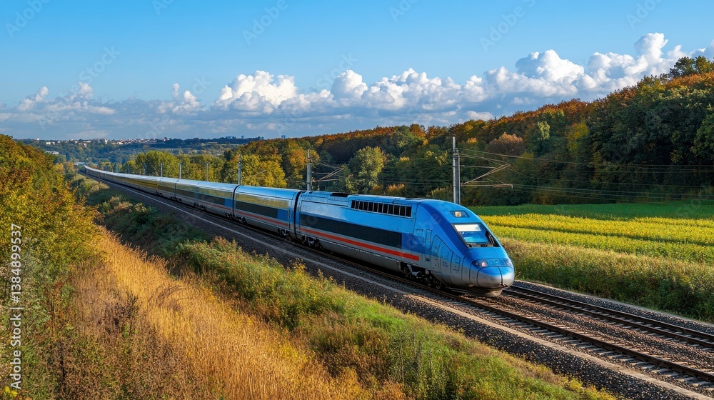 Fototapeta premium High-speed train traveling through vibrant countryside landscape