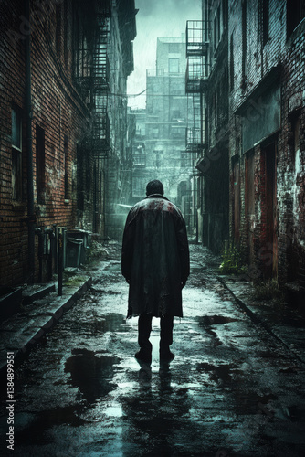 Fear-Terror ,grunge, A shadowy figure stands in a dimly lit environment, evoking mystery and intrigue in this high-fidelity image.
