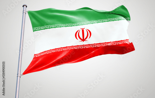 A waving flag of Iran with patriotic symbols and vibrant colors isolated in the wind, representing national emblems and pride from the Middle East and Europe