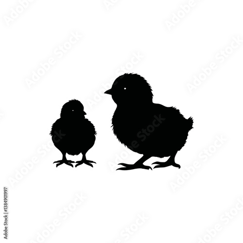 A black and white vector silhouette of a hen and baby chicks in a peaceful farmyard setting on a white background