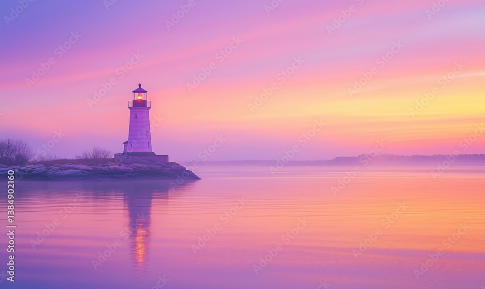 Serene lighthouse at dawn with vibrant pastel sky and calm waters