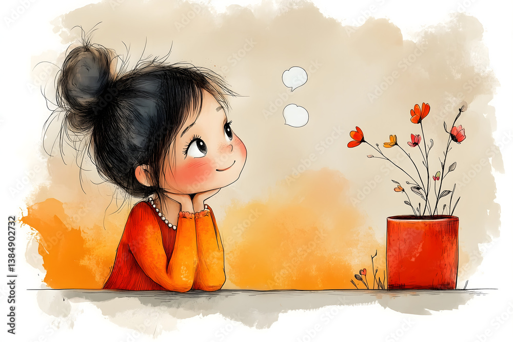 custom made wallpaper toronto digitalA Child's Floral Musings: A child, rendered in an illustrated style, gazes dreamily at a vibrant floral display, evoking feelings of wonder and imagination.