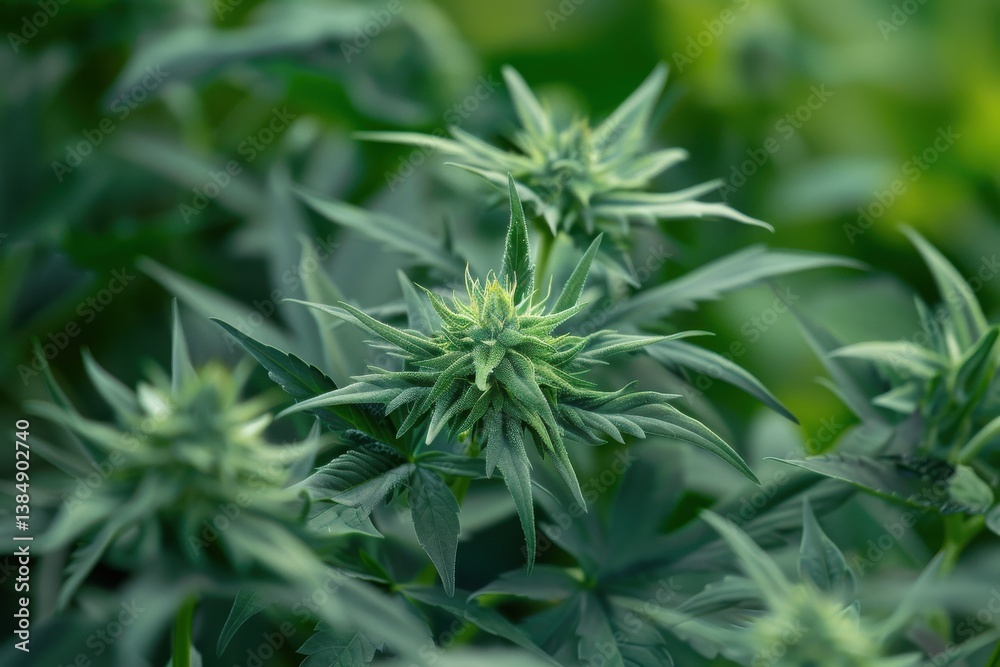 Close-up view of cannabis plant buds growing in a lush garden during the summer season