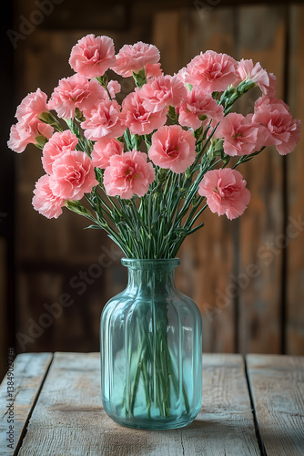 Wallpaper Mural Pink Carnations in Glass Vase: A delicate display of vibrant pink carnations blooms beautifully in a vintage glass vase, perched on a rustic wooden surface. Torontodigital.ca